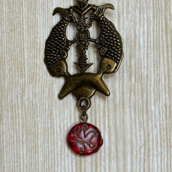 Hand Crafted Jewelry - Asian Inspired Keychain in Red & Smoke Beads with Brass Fish Charm - NEW
